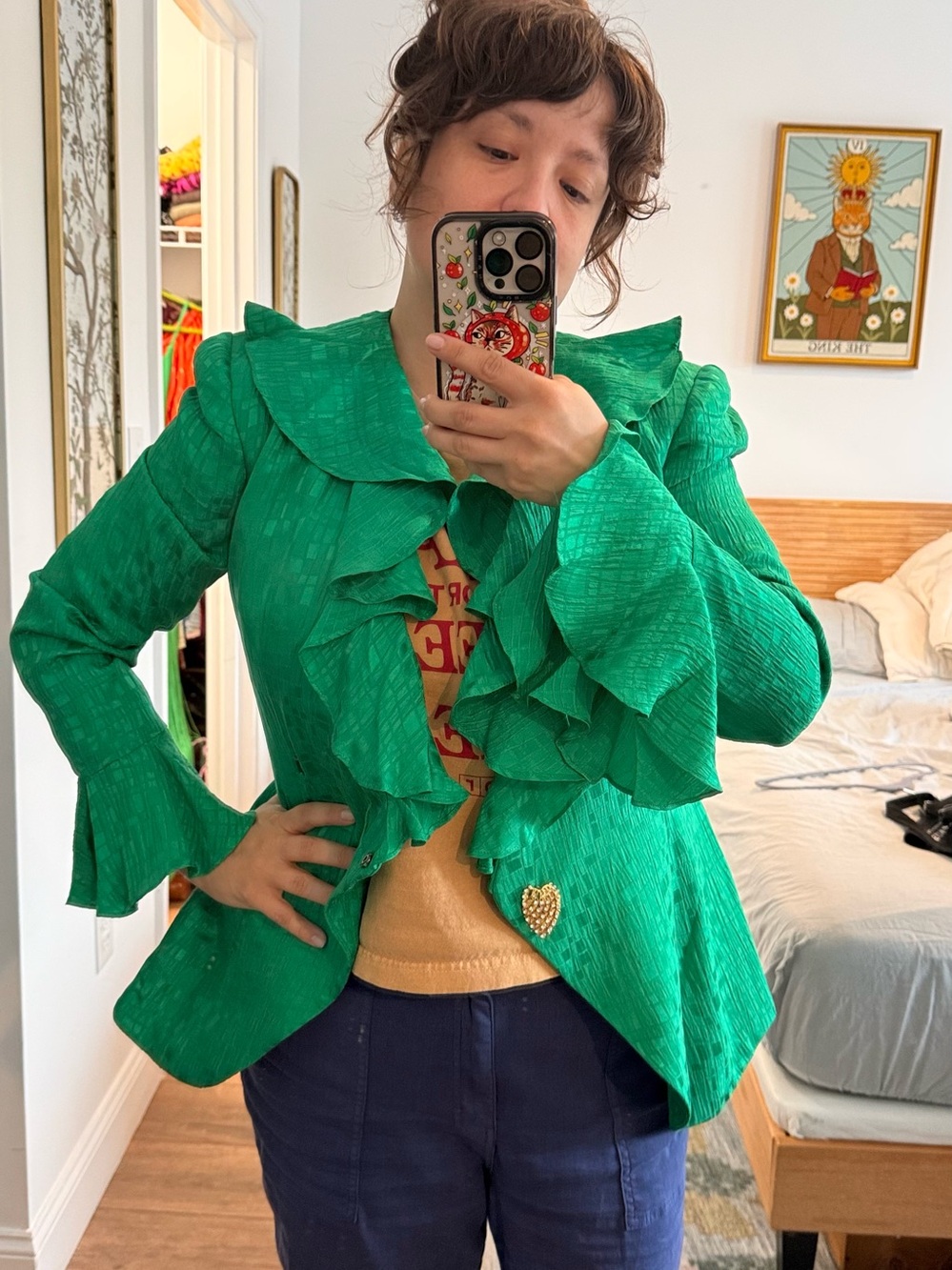 Vintage 80s Green Rimini Silk Blazer Ruffles & Rhinestone Closure